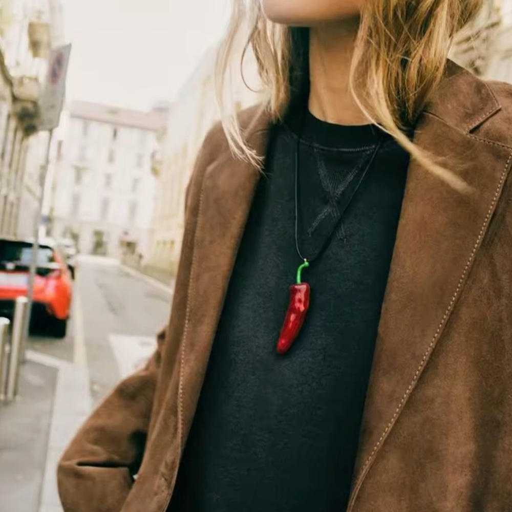 Red Pepper Pendant Long Rope Chain Necklace